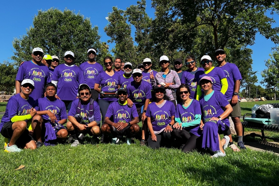group photo in purple